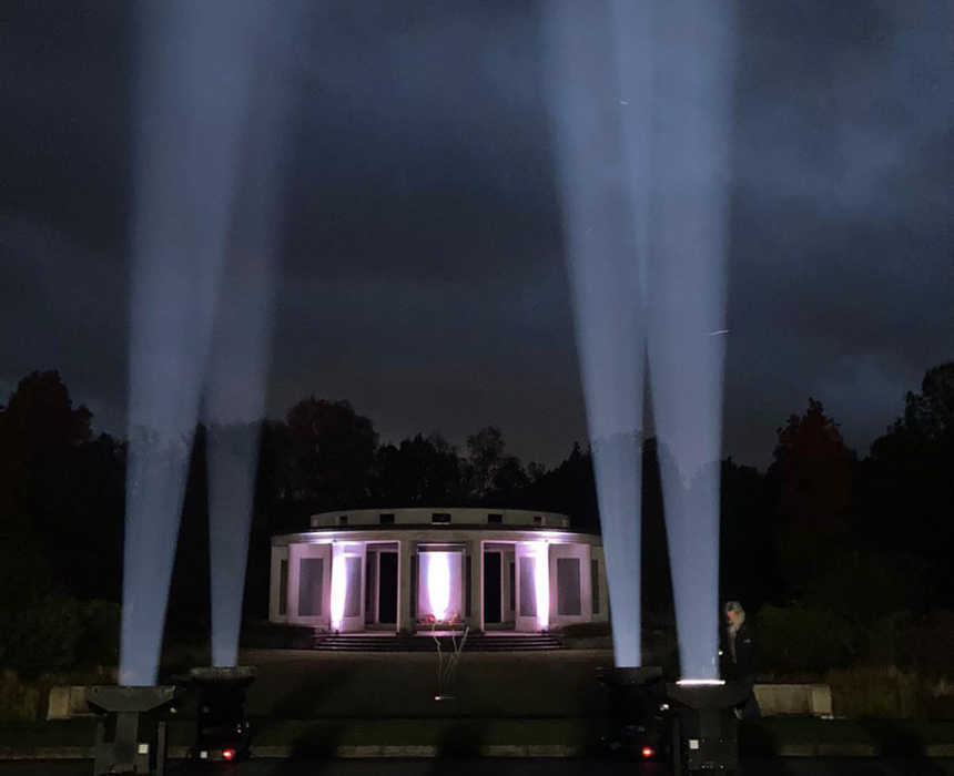 Sky illuminations at Brookwood military memorial for 2020 remembrance day Illumination London Halo Lighting