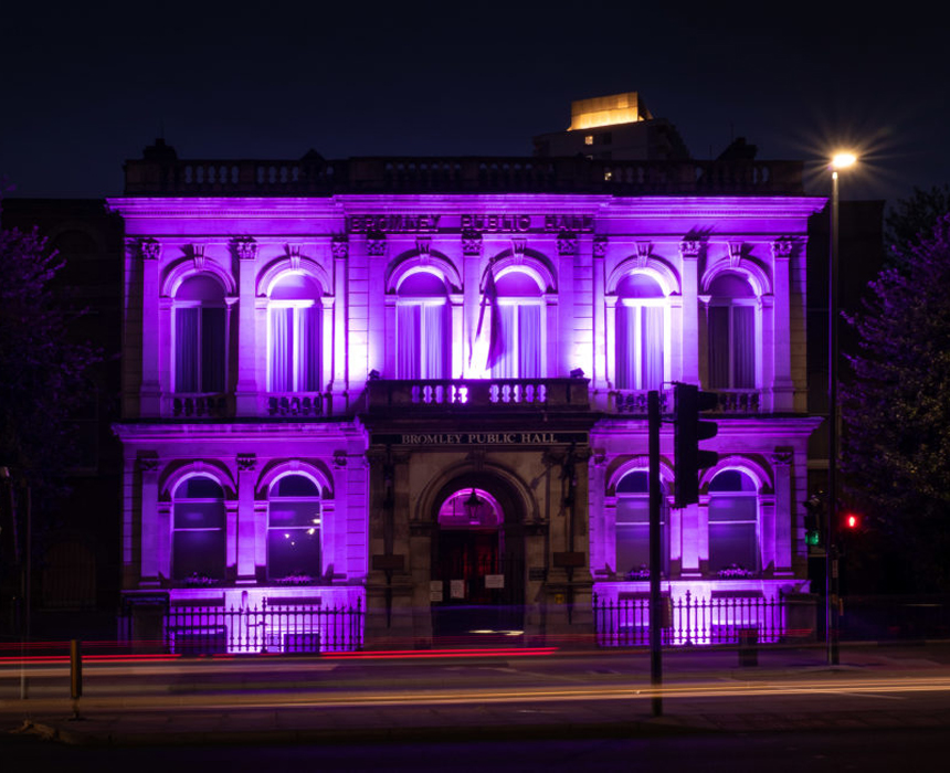 Building illuminations - Purple for George Floyd, Bromley Public Hall Illumination London Halo Lighting
