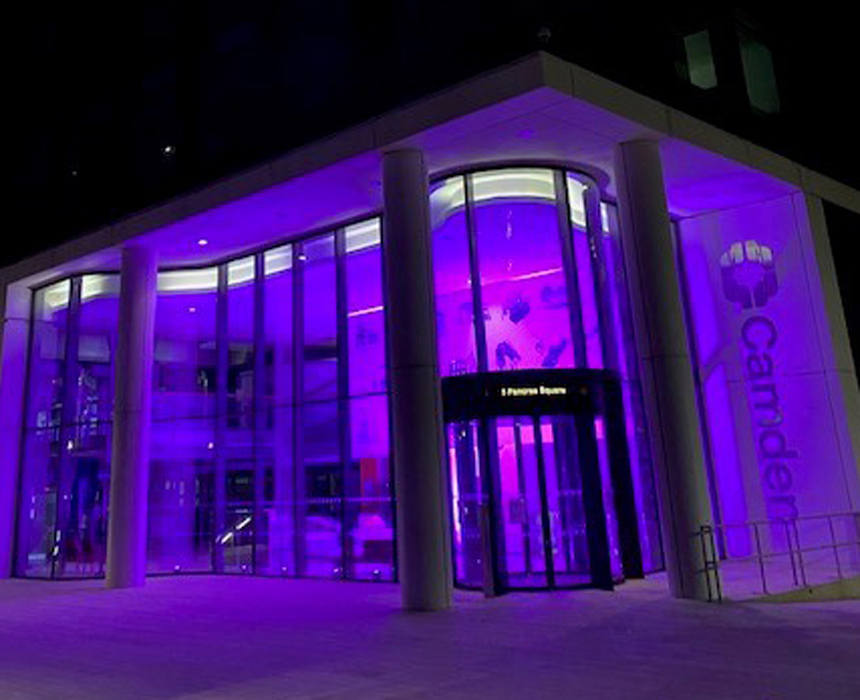 Building illumination from inside -Purple for George Floyd, Camden Council offices Illumination London Halo Lighting
