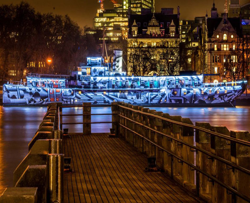 Outdoor illumination of HMS President in London Illumination London Halo Lighting