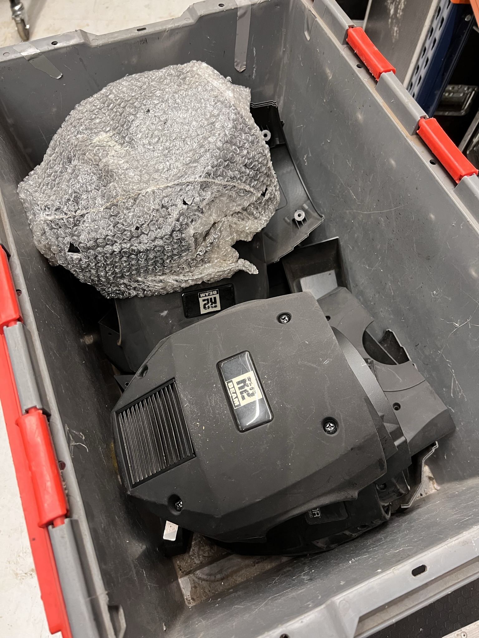 Crate of various Chauvet Moving Head covers