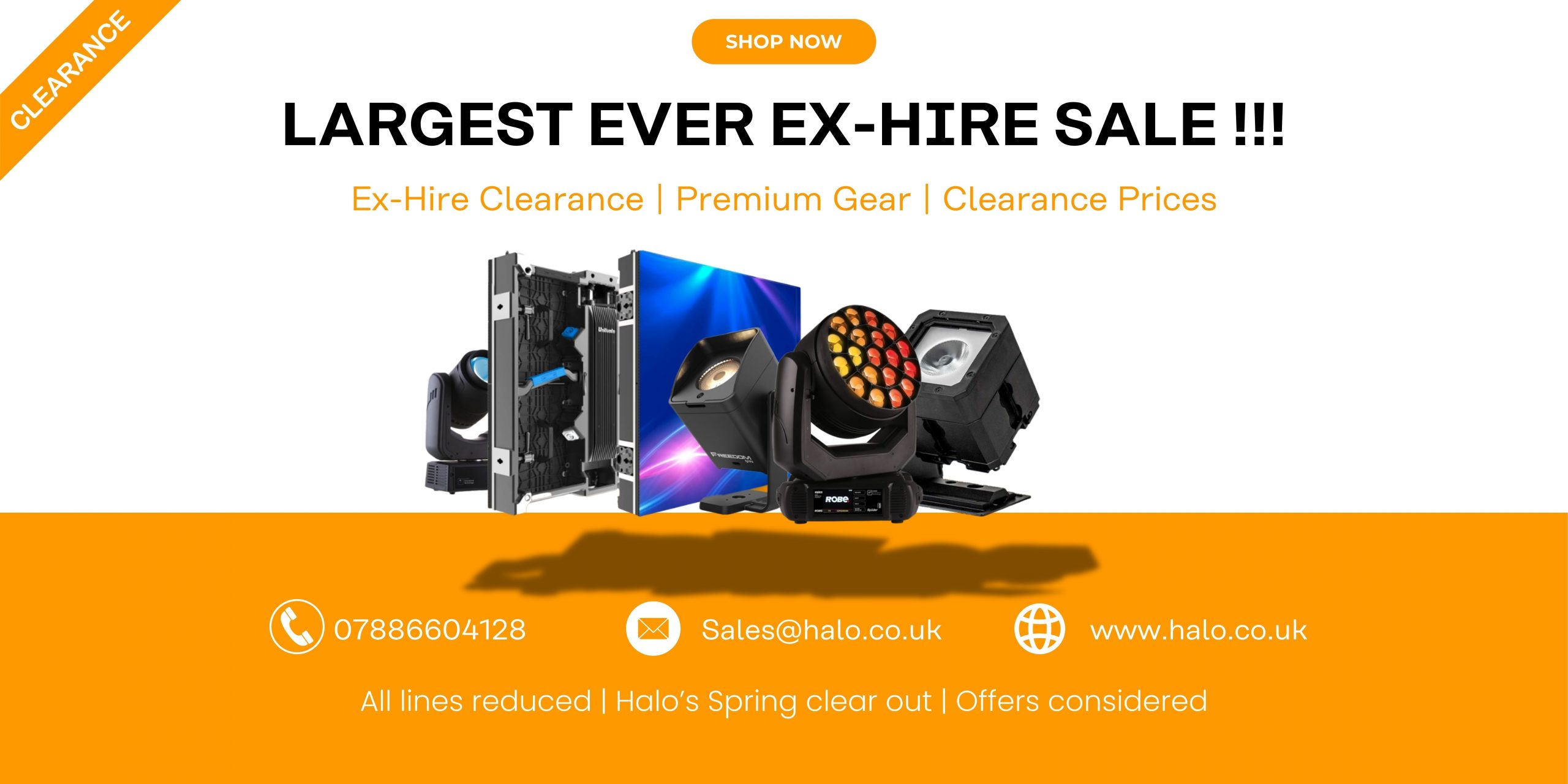 Banner for Halo Lighting Largest Ever Sale of Ex-hire Event Production Products.