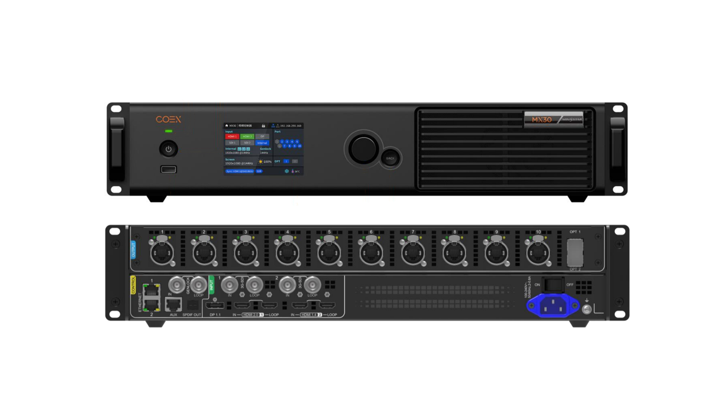 Back panel of NovaStar MX30 showing HDMI, SDI, and fiber outputs